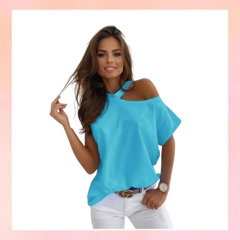 Stylish Blue One-Shoulder Casual Tee – Chic & Trendy